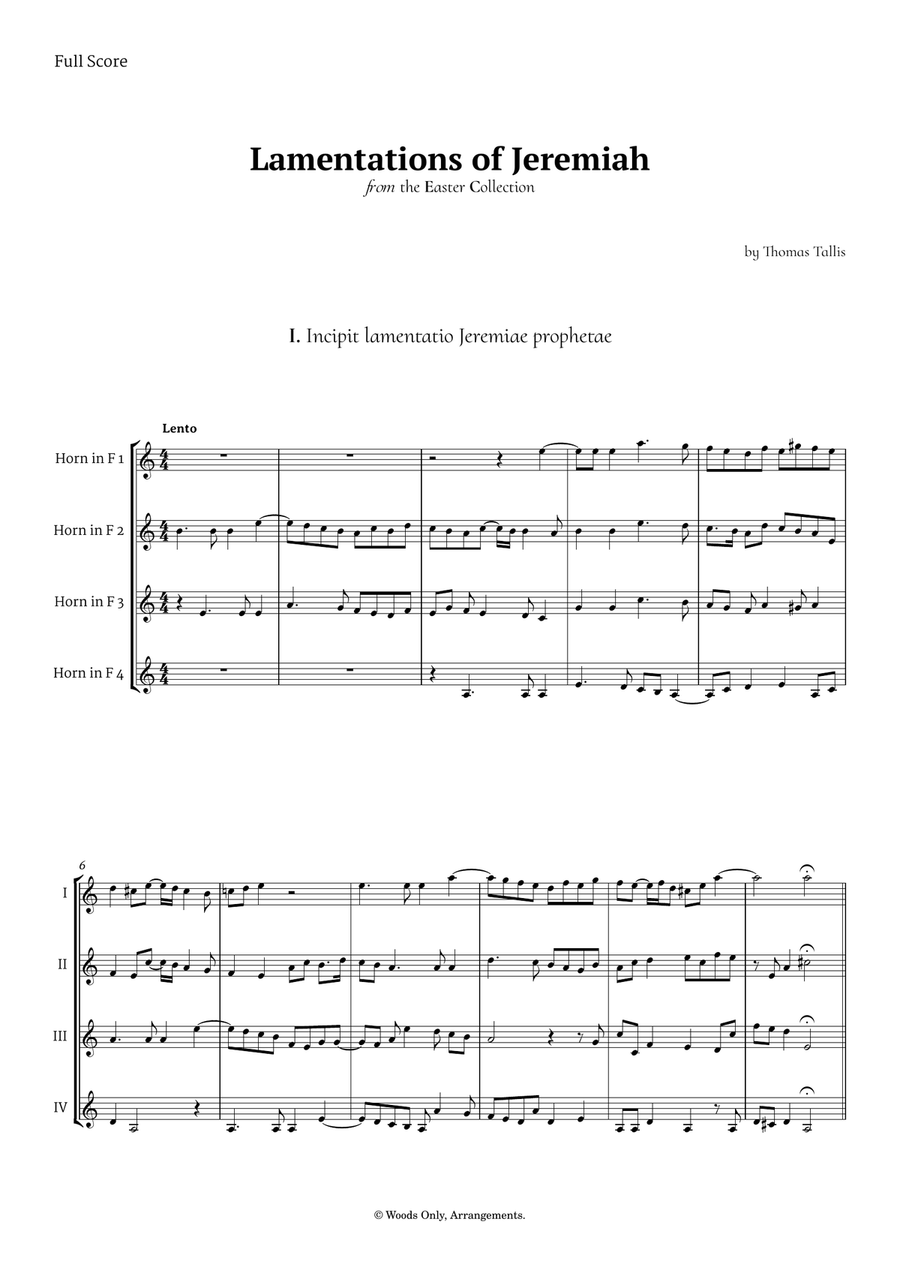 Lamentations of Jeremiah by Thomas Tallis for French Horn Quartet Brass Quartet scores gallery preview page 1