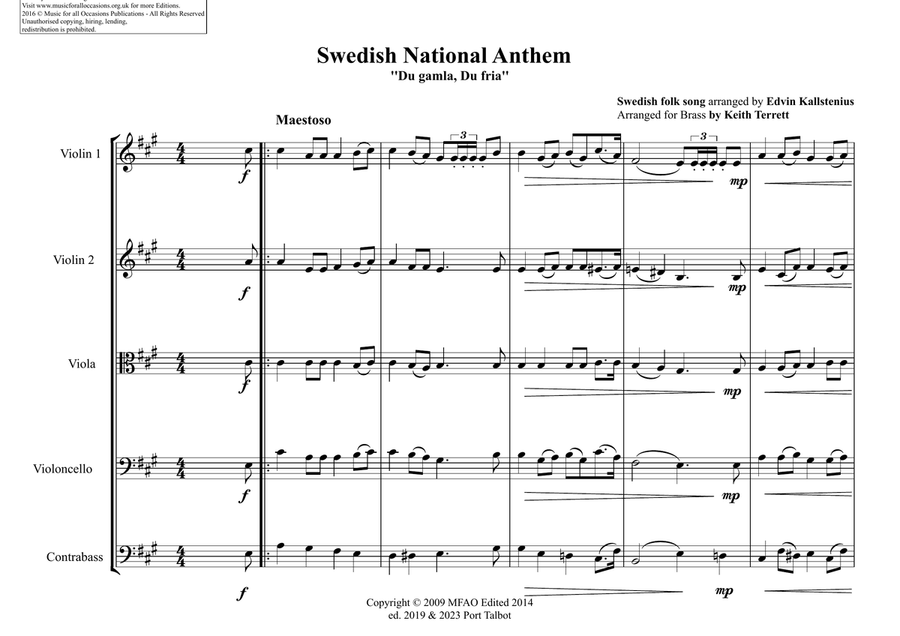 Swedish National & Royal Anthems for String Orchestra (World National Anthem Series String Orchestra scores gallery preview page 2