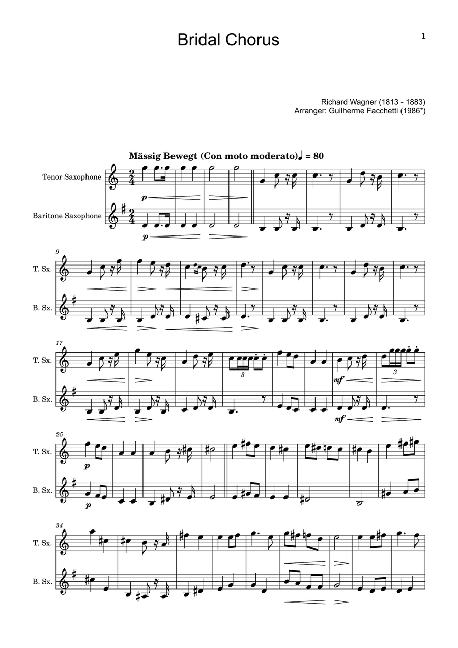 Bridal Chorus. R. Wagner - Arranged for T. Sax. and B. Sax. Woodwind Duet scores gallery preview page 1