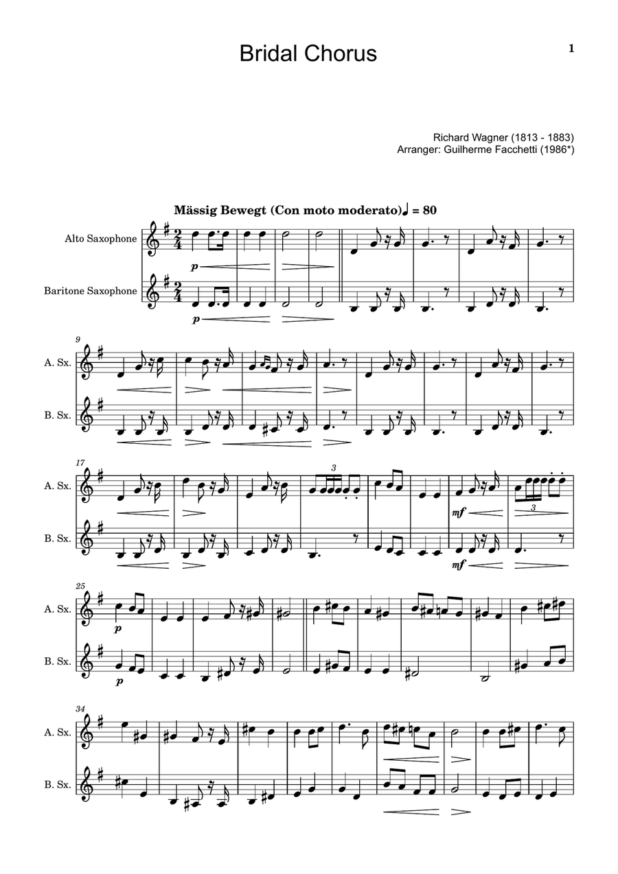 Bridal Chorus. R. Wagner - Arranged for A. Sax. and B. Sax. Woodwind Duet scores gallery preview page 1