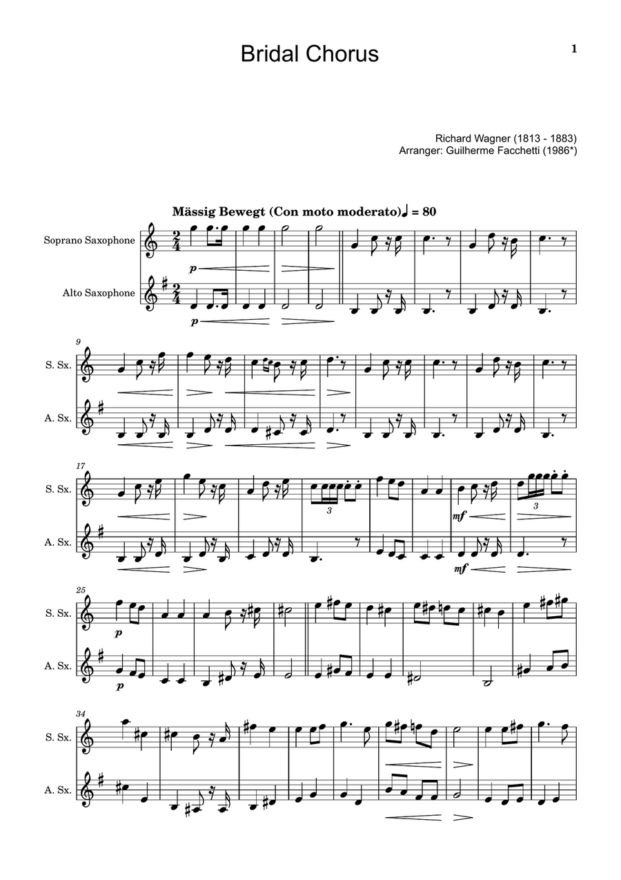 Bridal Chorus. R. Wagner - Arranged for S. Sax. and A. Sax. Woodwind Duet scores gallery preview page 1
