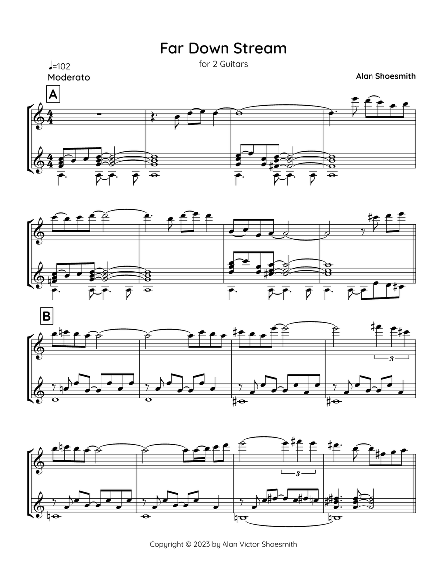 Far Down Stream - classical guitar duet (score & separate parts) Acoustic Guitar scores gallery preview page 1