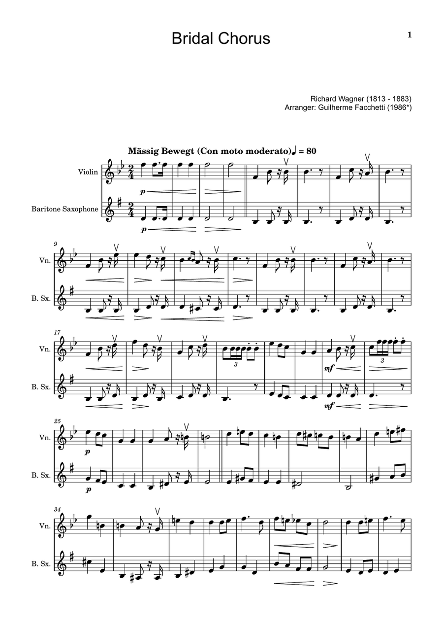 Bridal Chorus. R. Wagner - Arranged for Violin and B. Sax. Chamber Music scores gallery preview page 1