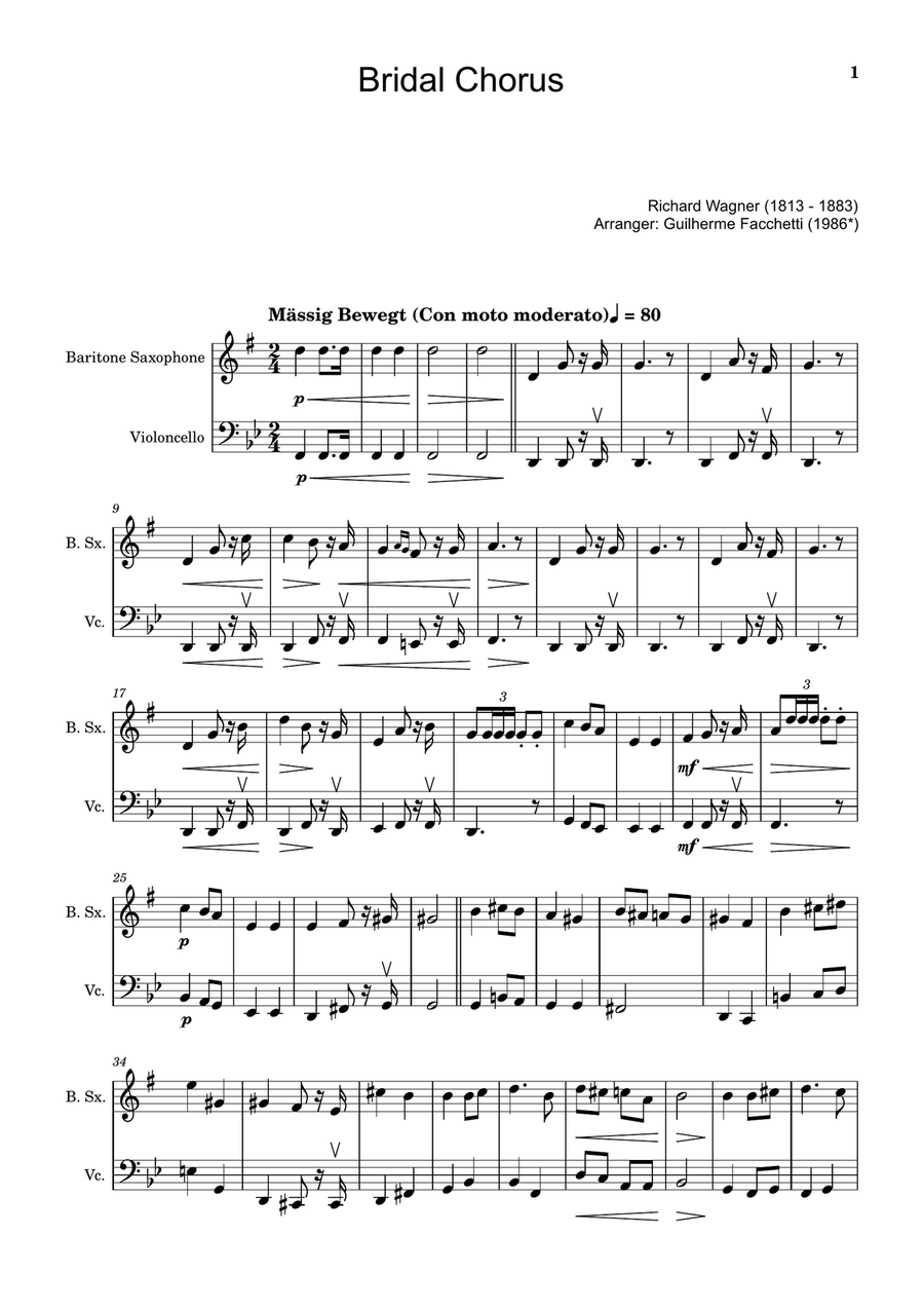 Bridal Chorus. R. Wagner - Arranged for B. Sax. and Cello Chamber Music scores gallery preview page 1