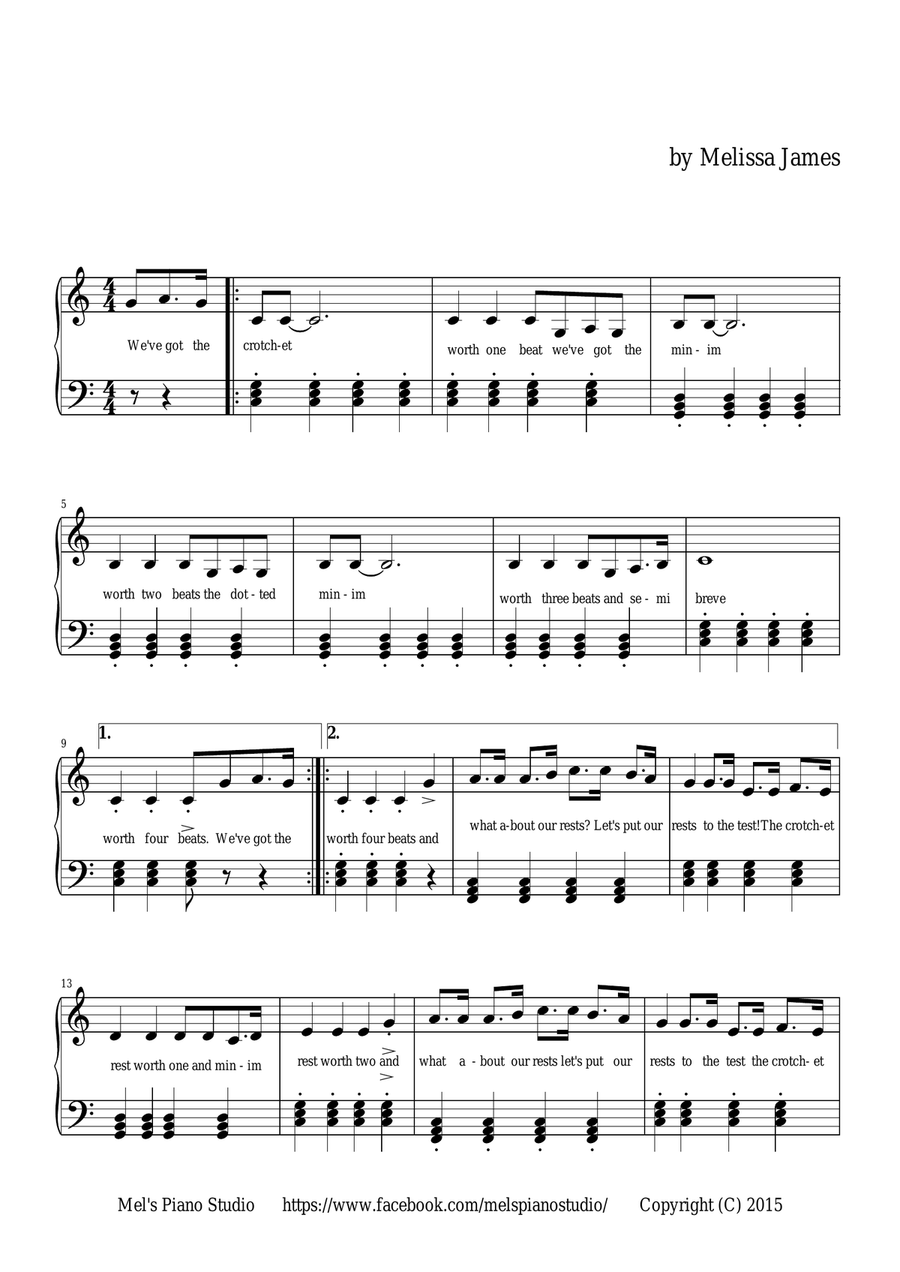 The Notes and Rests Song Easy Piano scores gallery preview page 1