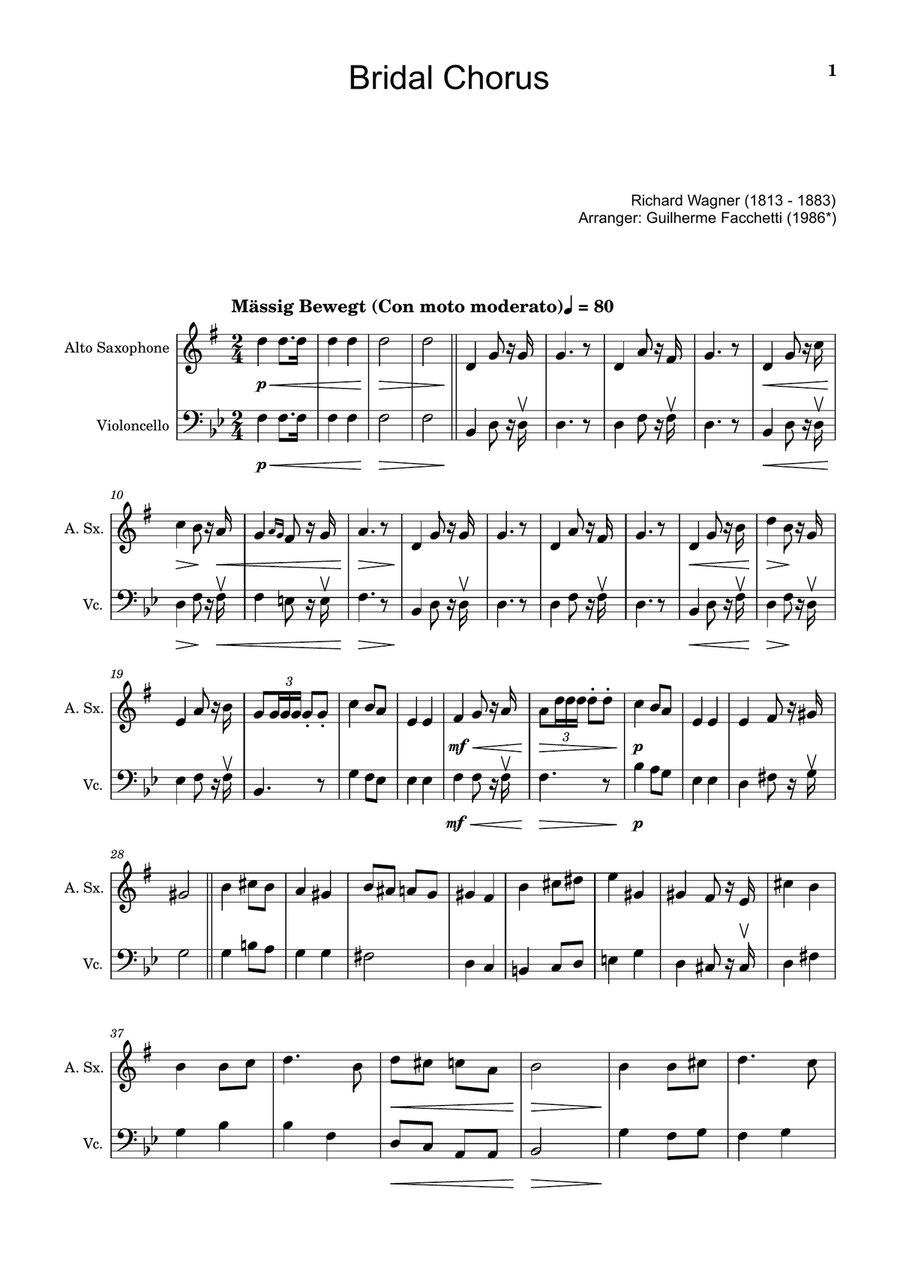 Bridal Chorus. R. Wagner - Arranged for A. Sax. and Cello Chamber Music scores gallery preview page 1