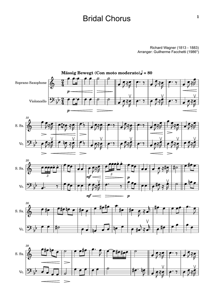 Bridal Chorus. R. Wagner - Arranged for S. Sax. and Cello Chamber Music scores gallery preview page 1