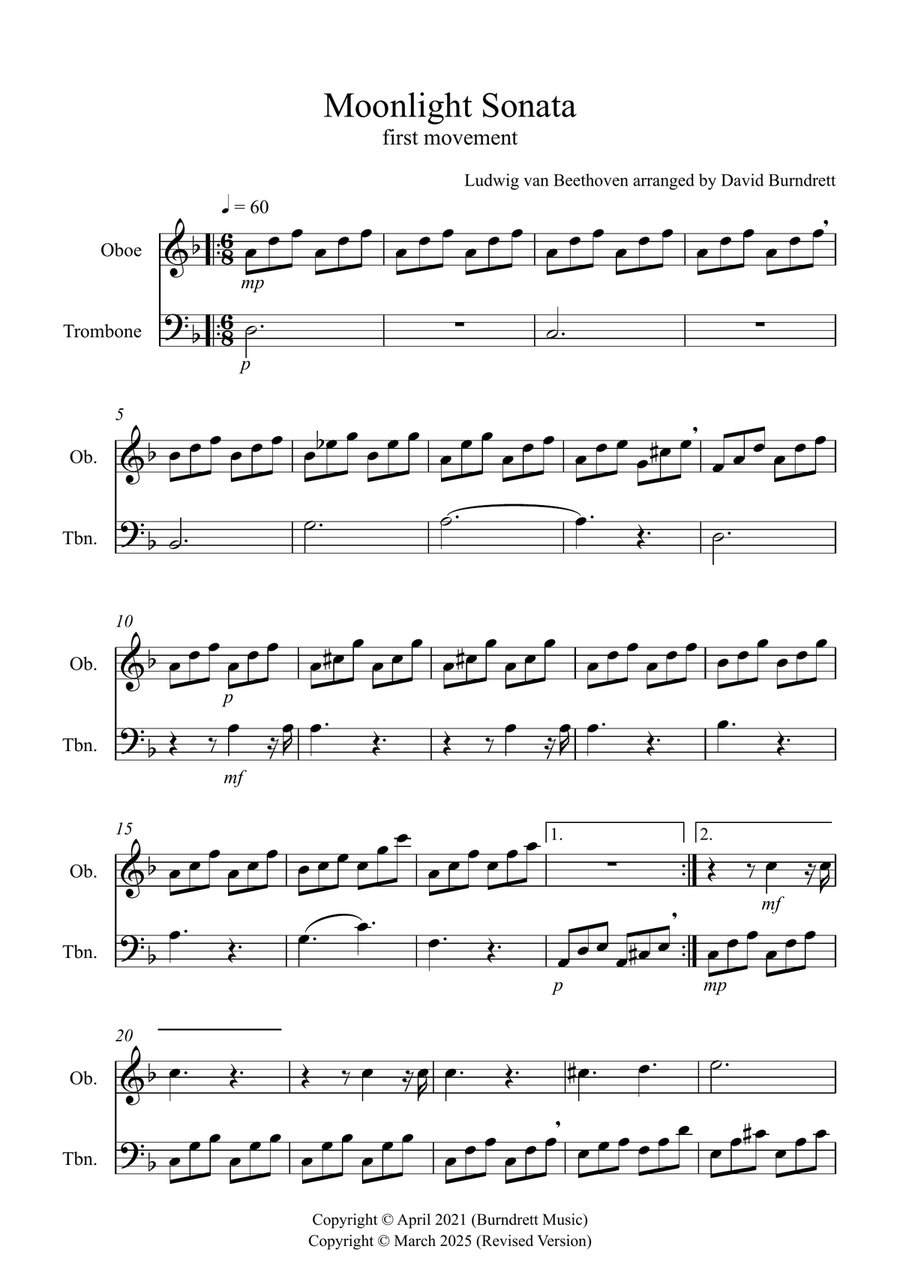 Moonlight Sonata for (1st movement) for Oboe and Trombone Duet Trombone Duet scores gallery preview page 1