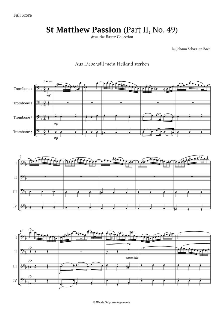 Aus Liebe will mein Heiland sterben by Bach for Trombone Quartet Brass Quartet scores gallery preview page 1