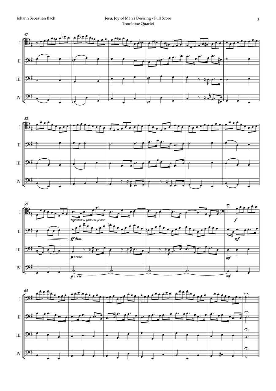 Jesu, Joy of Man's Desiring by Bach for Trombone Quartet Brass Quartet scores gallery preview page 3