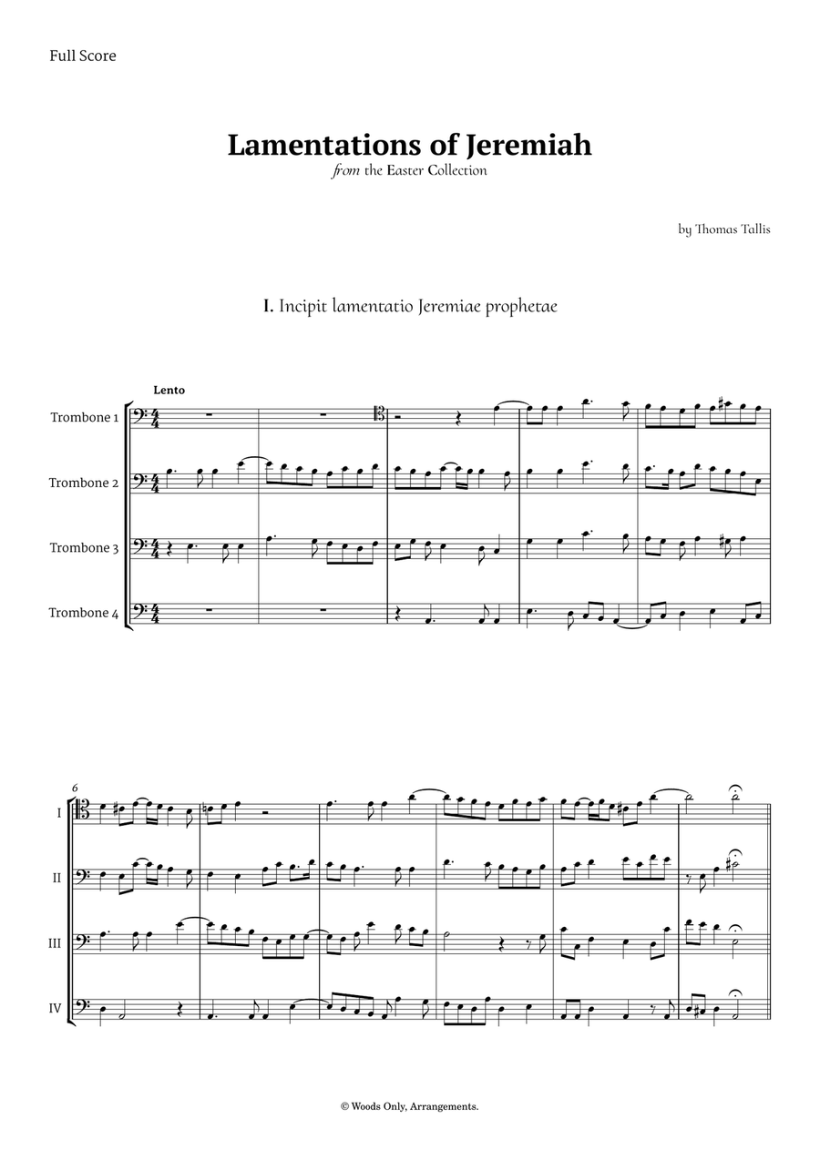 Lamentations of Jeremiah by Thomas Tallis for Trombone Quartet Brass Quartet scores gallery preview page 1