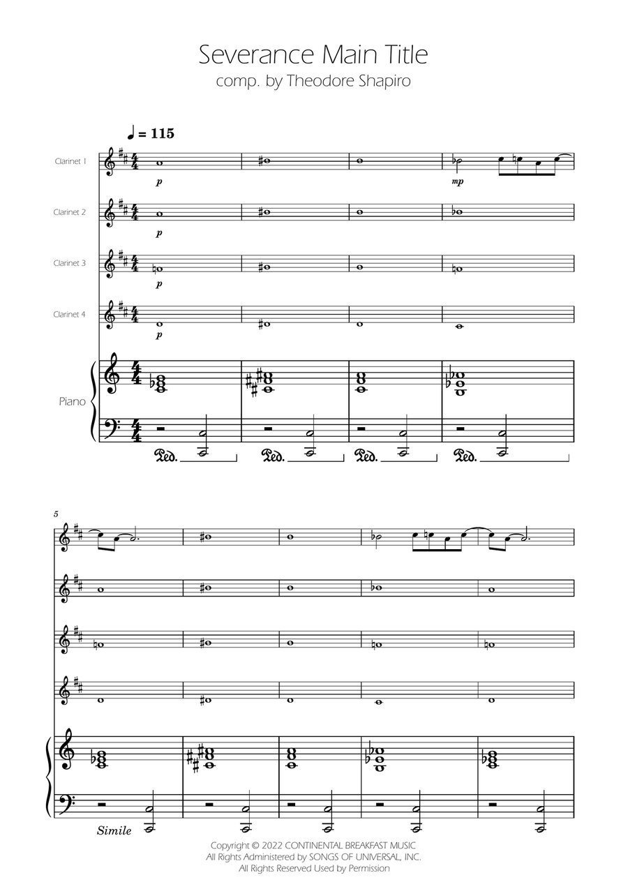 Severance - Main Title Theme Clarinet Quartet scores gallery preview page 1