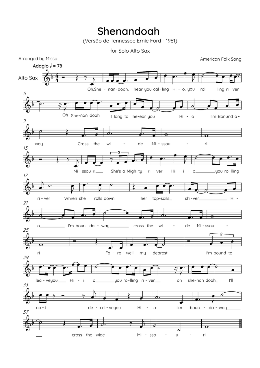 Shenandoah - Alto Sax in Ab Major - Lyrics (Inspired by Tennessee Ernie Ford’s 1961 recording) Alto Saxophone scores gallery preview page 1