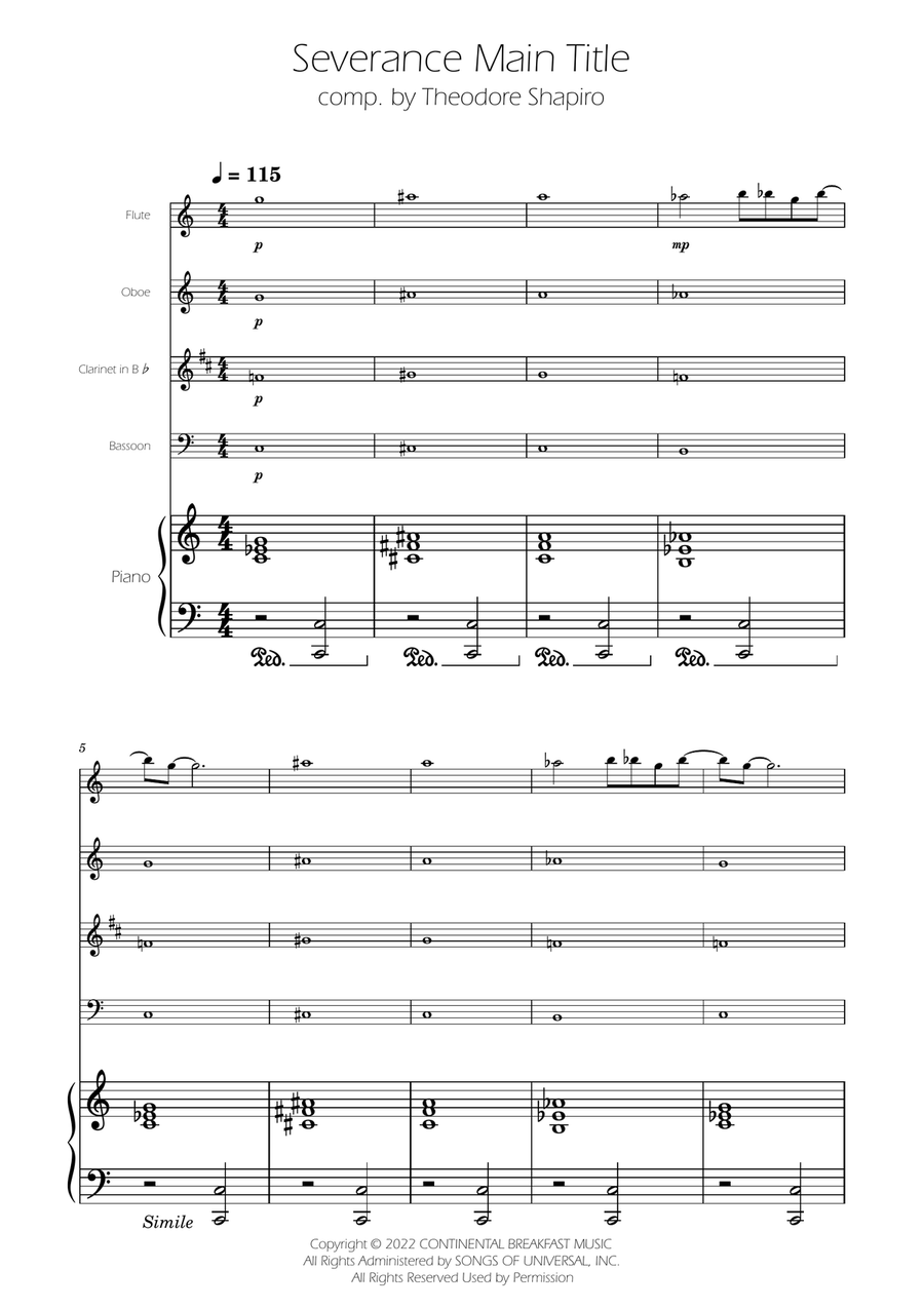 Severance - Main Title Theme Woodwind Quartet scores gallery preview page 1