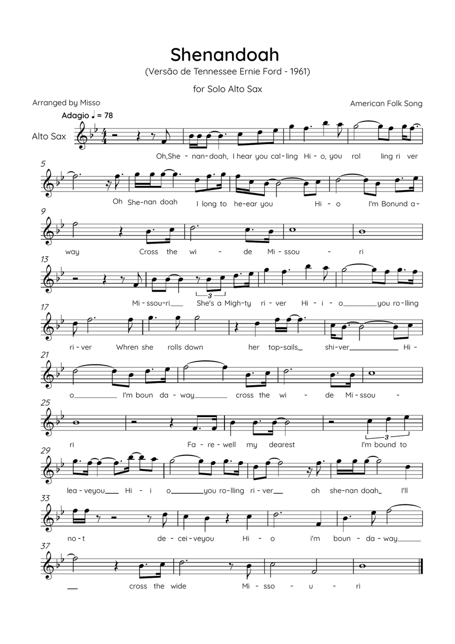 Shenandoah - Alto Sax in Db Major - Lyrics (Inspired by Tennessee Ernie Ford’s 1961 recording) Alto Saxophone scores gallery preview page 1