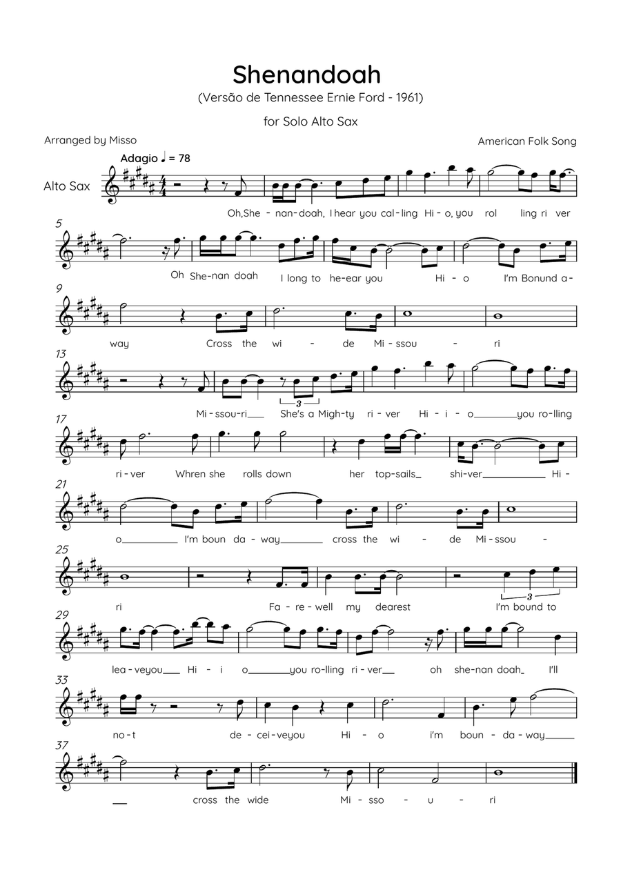 Shenandoah - Alto Sax in D Major - Lyrics (Inspired by Tennessee Ernie Ford’s 1961 recording) Alto Saxophone scores gallery preview page 1