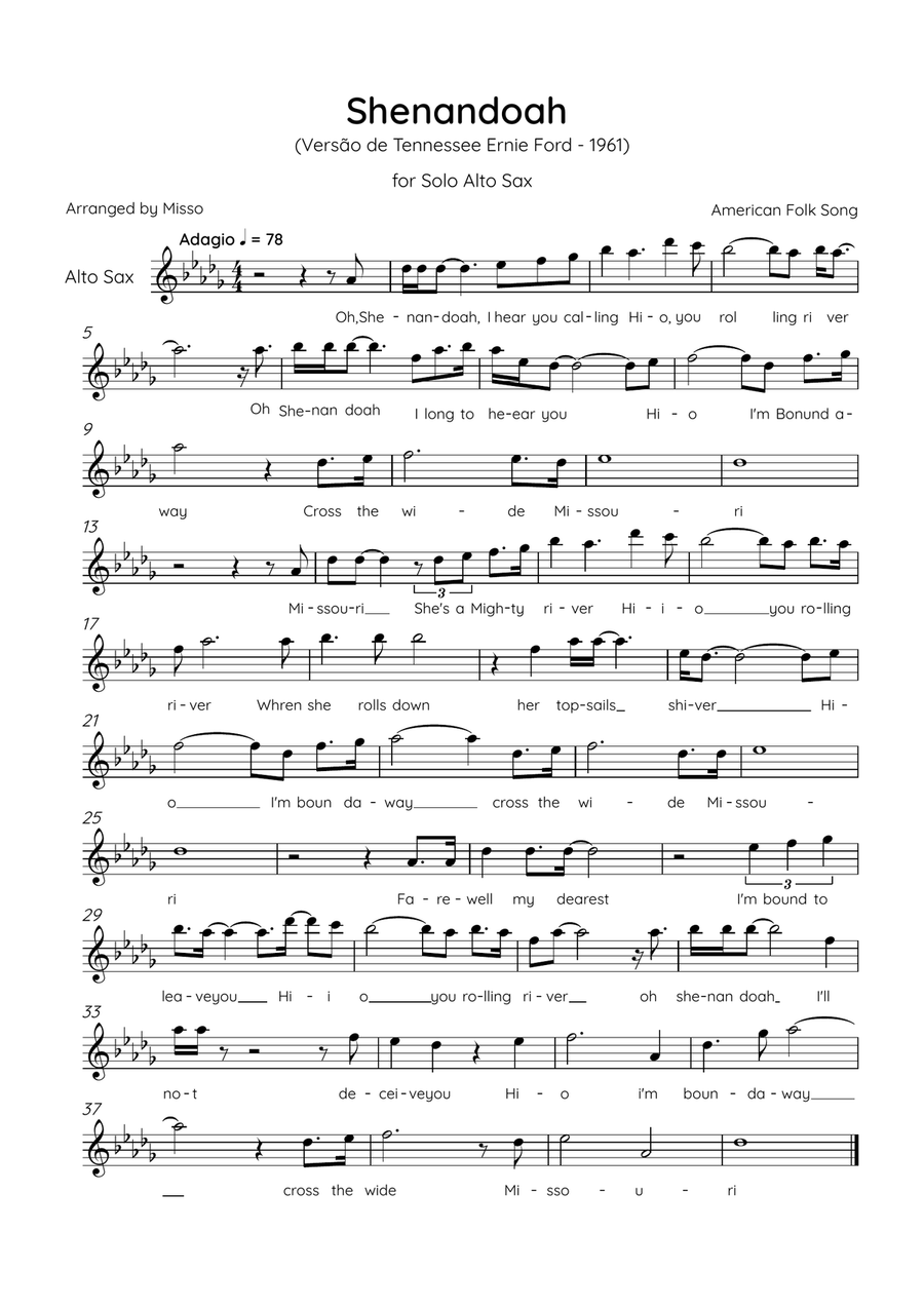 Shenandoah - Alto Sax in E Major - Lyrics (Inspired by Tennessee Ernie Ford’s 1961 recording) Alto Saxophone scores gallery preview page 1