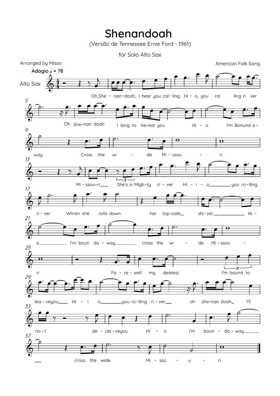 Shenandoah - Alto Sax in Eb Major - Lyrics (Inspired by Tennessee Ernie Ford’s 1961 recording) Alto Saxophone scores gallery preview page 1
