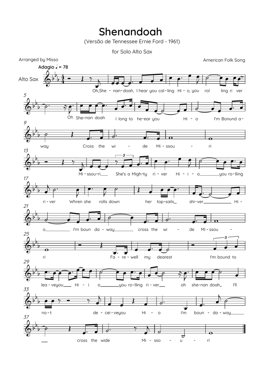 Shenandoah - Alto Sax in F# Major - Lyrics (Inspired by Tennessee Ernie Ford’s 1961 recording) Alto Saxophone scores gallery preview page 1