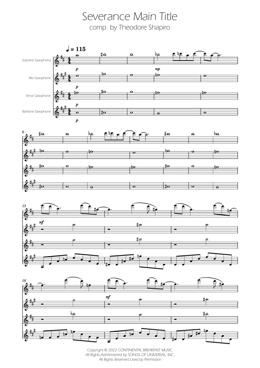 Severance - Main Title Theme Saxophone Quartet scores gallery preview page 1