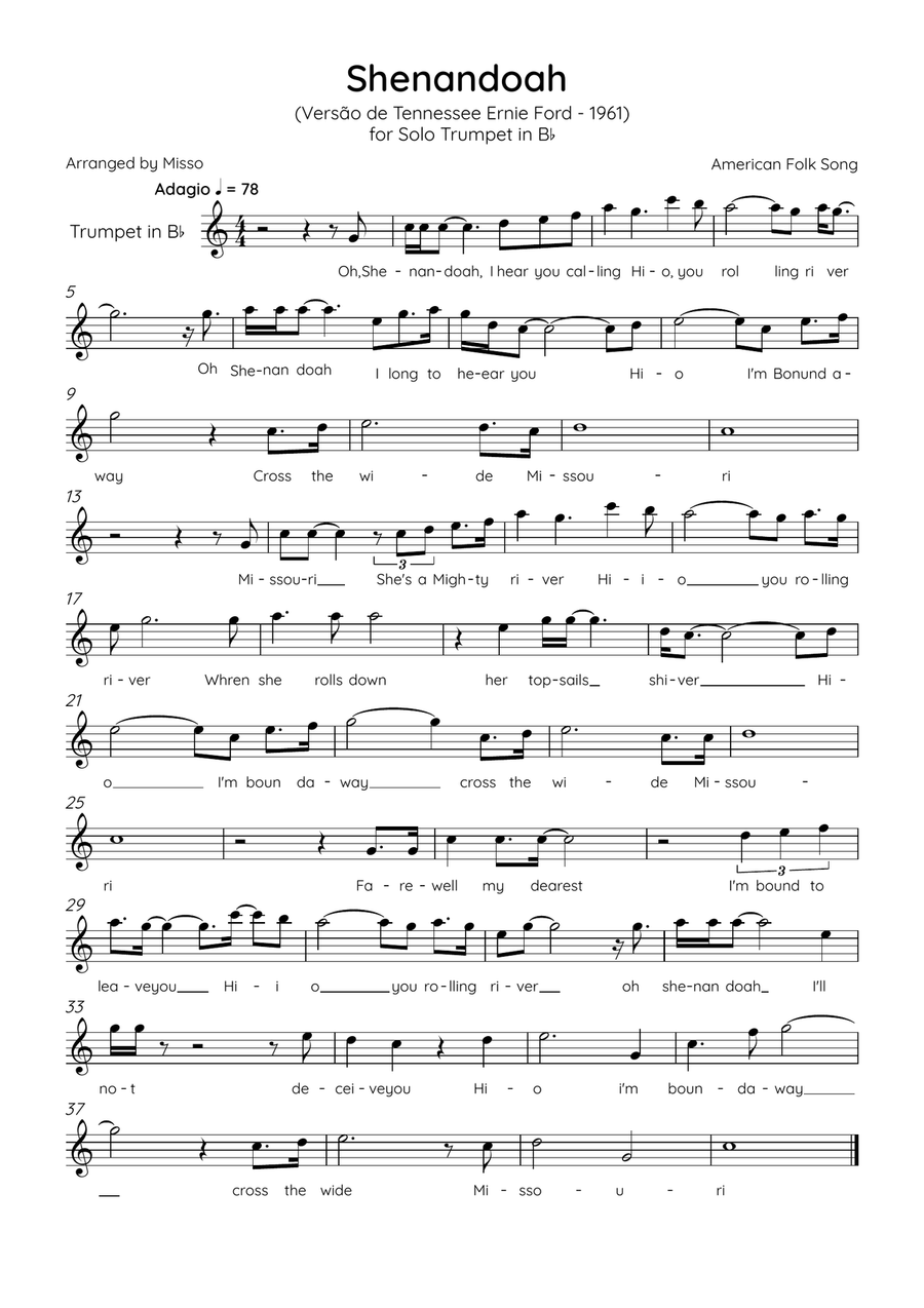 Shenandoah - BbTrumpet in Bb Major - Lyrics (Inspired by Tennessee Ernie Ford’s 1961 recording) B-Flat Trumpet scores gallery preview page 1