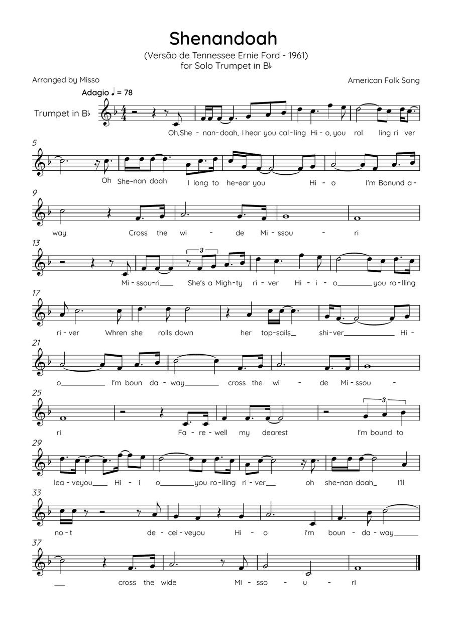 Shenandoah - BbTrumpet in Eb Major - Lyrics (Inspired by Tennessee Ernie Ford’s 1961 recording) Trumpet Solo scores gallery preview page 1
