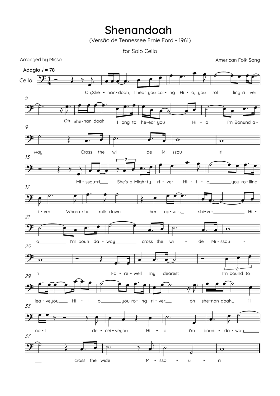 Shenandoah - Cello in C Major - Lyrics (Inspired by Tennessee Ernie Ford’s 1961 recording) Cello Solo scores gallery preview page 1