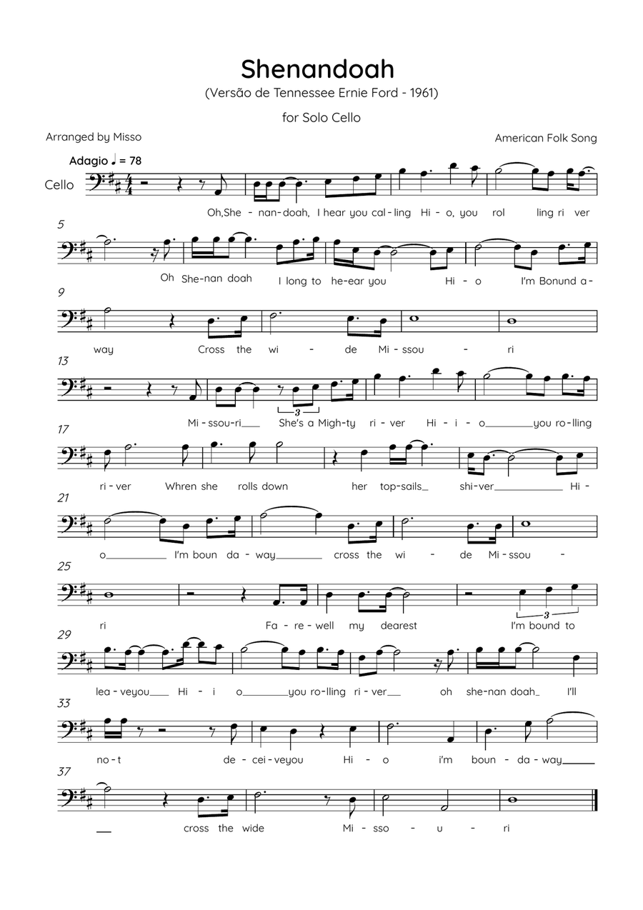 Shenandoah - Cello in D Major - Lyrics (Inspired by Tennessee Ernie Ford’s 1961 recording) Cello Solo scores gallery preview page 1