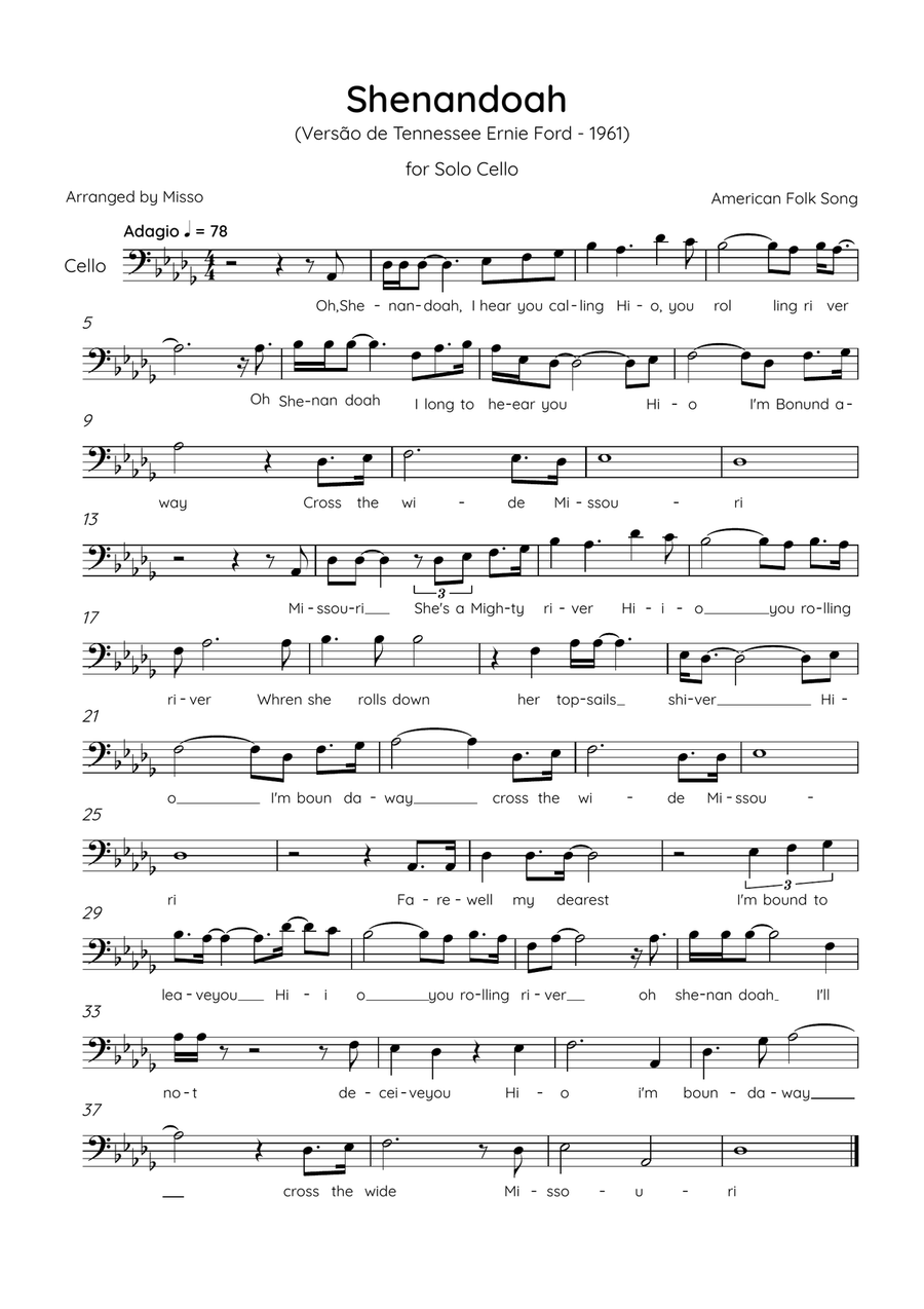 Shenandoah - Cello in Db Major - Lyrics (Inspired by Tennessee Ernie Ford’s 1961 recording) Cello Solo scores gallery preview page 1