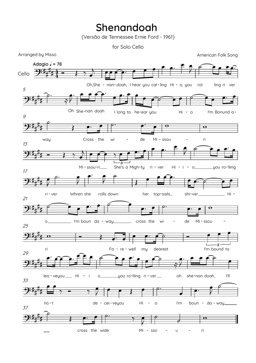 Shenandoah - Cello in E Major - Lyrics (Inspired by Tennessee Ernie Ford’s 1961 recording) Cello Solo scores gallery preview page 1
