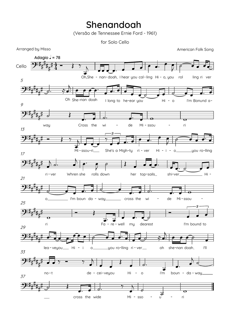 Shenandoah - Cello in F# Major - Lyrics (Inspired by Tennessee Ernie Ford’s 1961 recording) Cello Solo scores gallery preview page 1