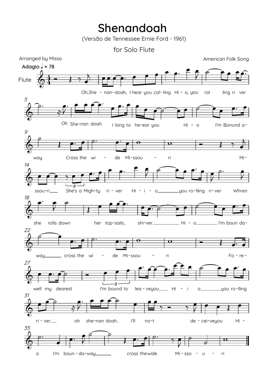 Shenandoah - Flute in C Major - Lyrics (Inspired by Tennessee Ernie Ford’s 1961 recording) Flute Solo scores gallery preview page 1