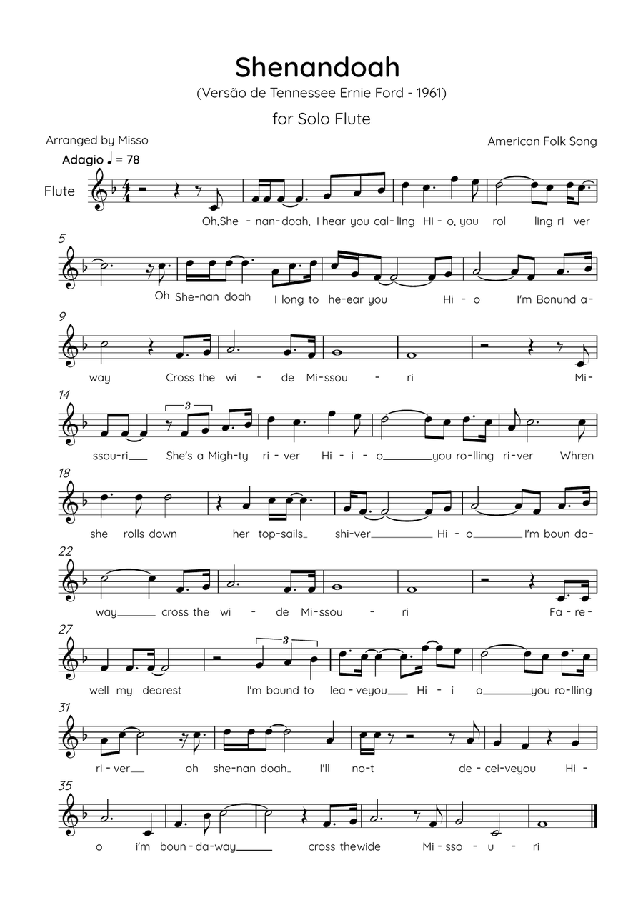 Shenandoah - Flute in F Major - Lyrics (Inspired by Tennessee Ernie Ford’s 1961 recording) Flute Solo scores gallery preview page 1