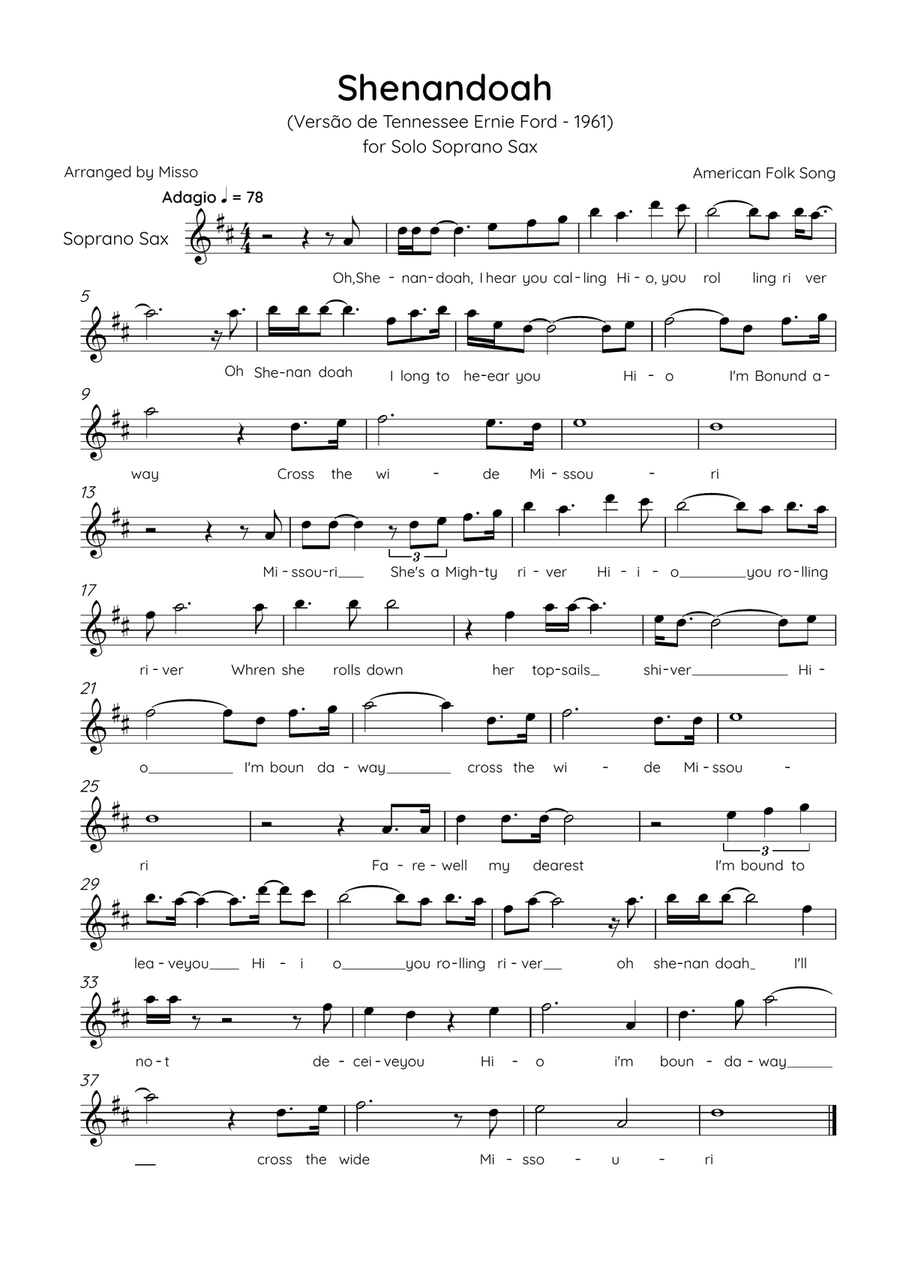 Shenandoah - Soprano Sax in C Major - Lyrics (Inspired by Tennessee Ernie Ford’s 1961 recording) Soprano Saxophone scores gallery preview page 1