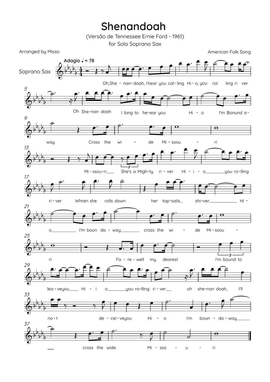 Shenandoah - Soprano Sax in B Major - Lyrics (Inspired by Tennessee Ernie Ford’s 1961 recording) Soprano Saxophone scores gallery preview page 1
