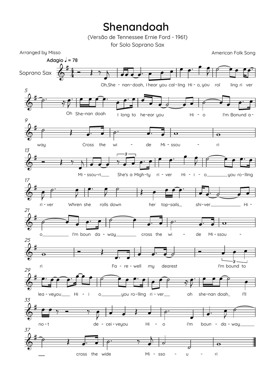 Shenandoah - Soprano Sax in F Major - Lyrics (Inspired by Tennessee Ernie Ford’s 1961 recording) Soprano Saxophone scores gallery preview page 1