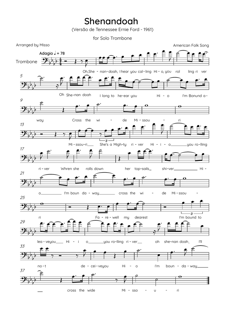 Shenandoah - Trombone in Ab Major - Lyrics (Inspired by Tennessee Ernie Ford’s 1961 recording) Trombone Solo scores gallery preview page 1