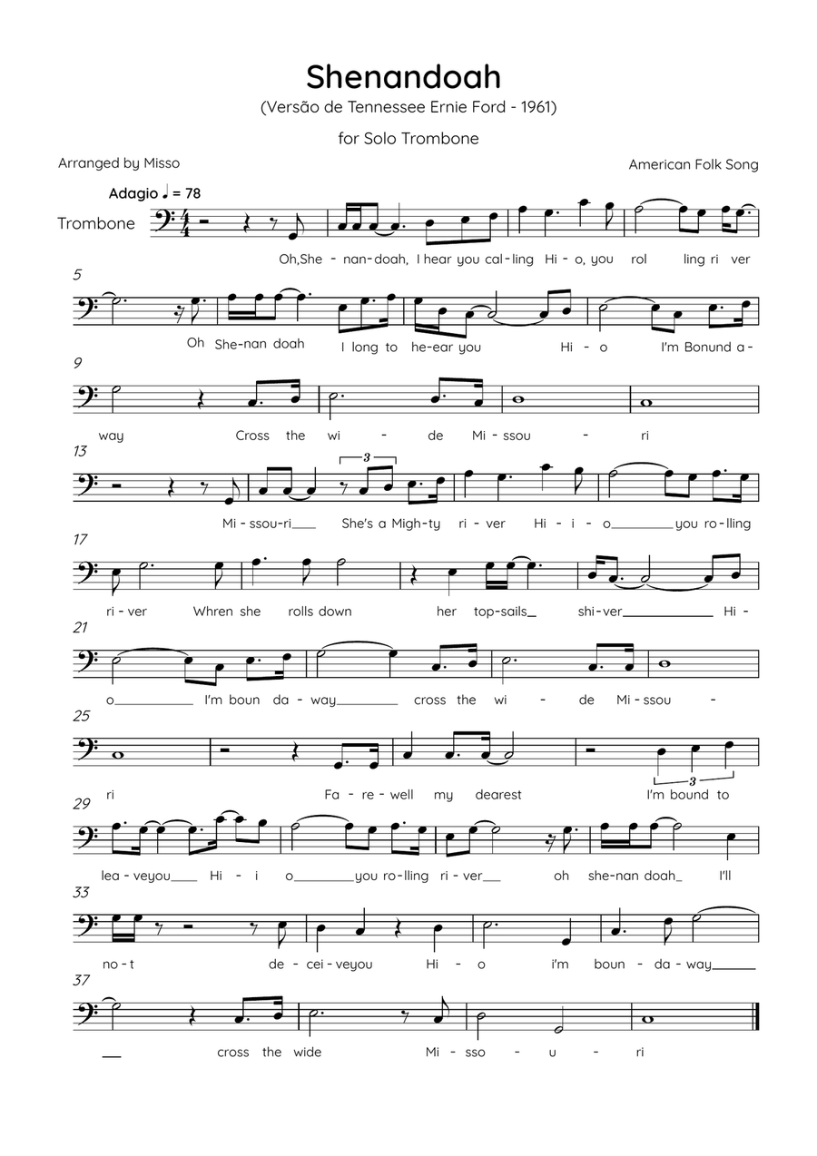 Shenandoah - Trombone in C Major - Lyrics (Inspired by Tennessee Ernie Ford’s 1961 recording) Trombone Solo scores gallery preview page 1