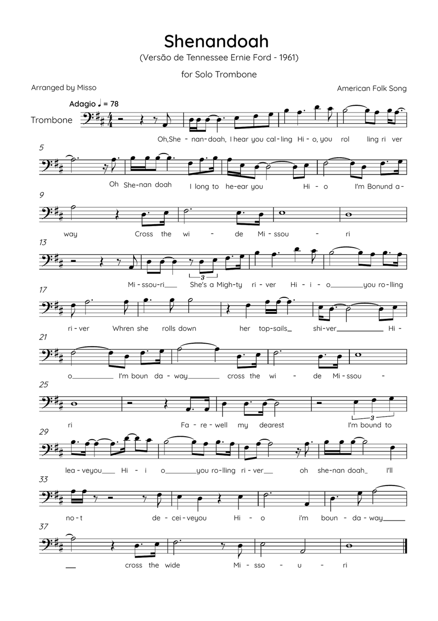 Shenandoah - Trombone in D Major - Lyrics (Inspired by Tennessee Ernie Ford’s 1961 recording) Trombone Solo scores gallery preview page 1