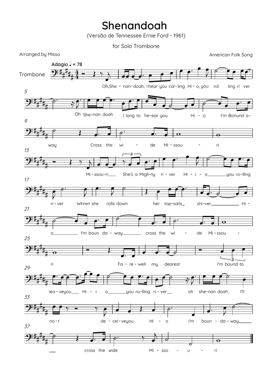 Shenandoah - Trombone in B Major - Lyrics (Inspired by Tennessee Ernie Ford’s 1961 recording) Trombone Solo scores gallery preview page 1