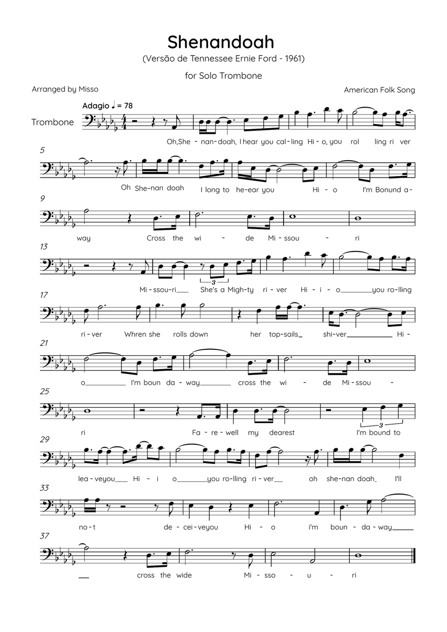 Shenandoah - Trombone in Db Major - Lyrics (Inspired by Tennessee Ernie Ford’s 1961 recording) Trombone Solo scores gallery preview page 1