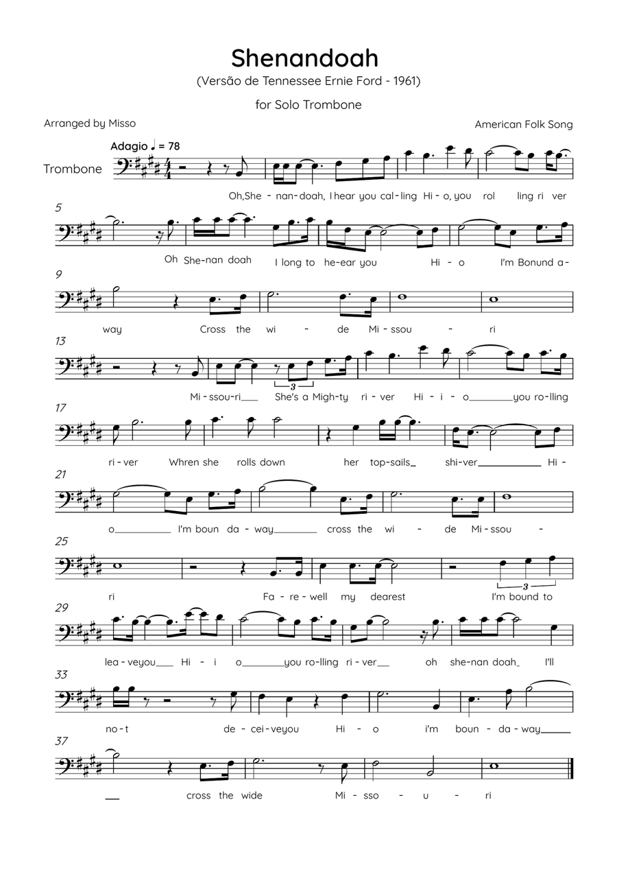 Shenandoah - Trombone in E Major - Lyrics (Inspired by Tennessee Ernie Ford’s 1961 recording) Trombone Solo scores gallery preview page 1