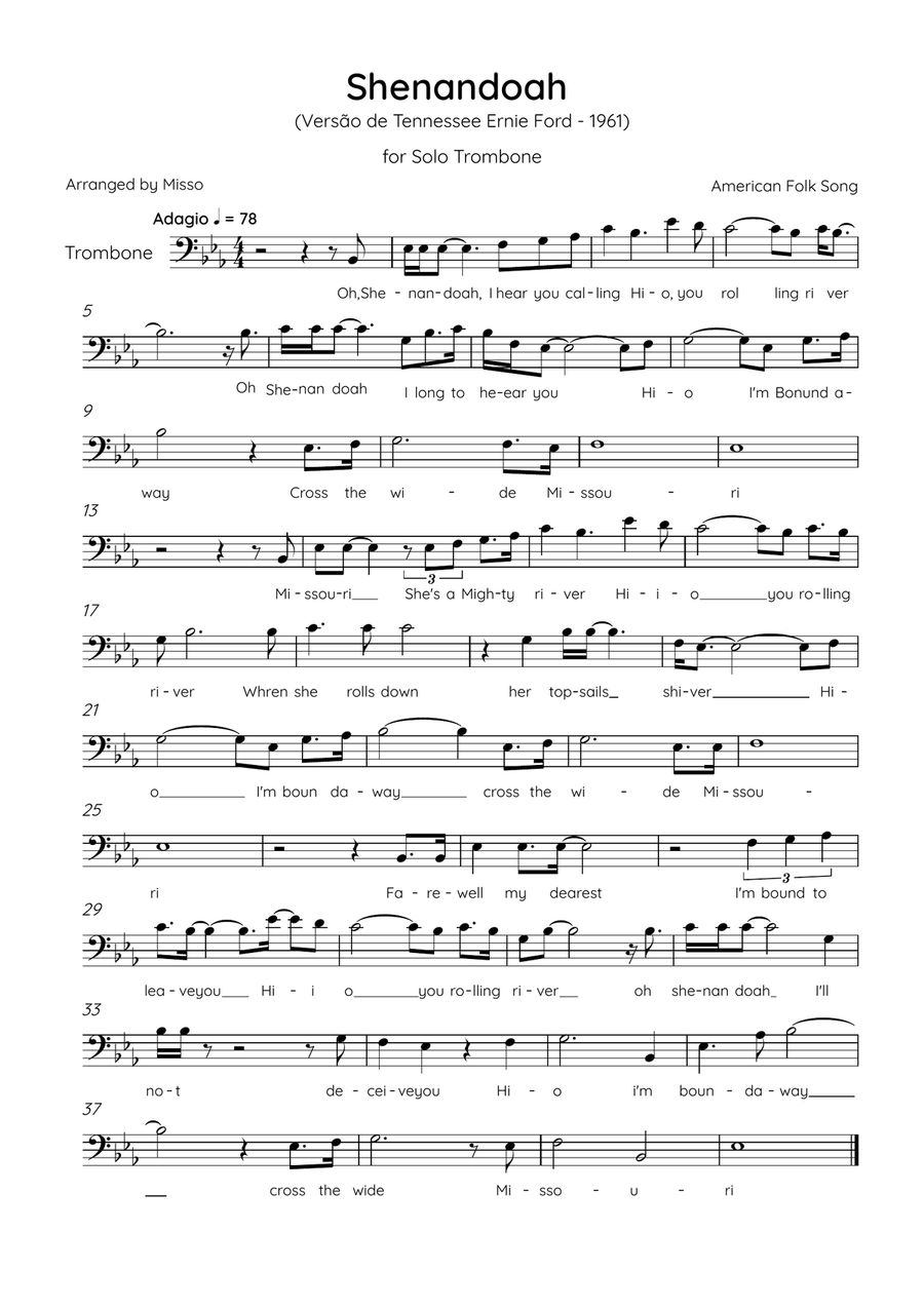 Shenandoah - Trombone in Eb Major - Lyrics (Inspired by Tennessee Ernie Ford’s 1961 recording) Trombone Solo scores gallery preview page 1