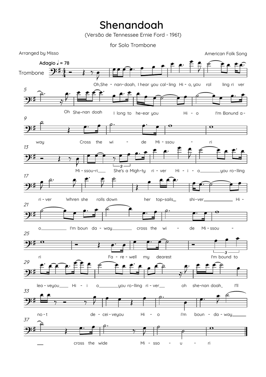 Shenandoah - Trombone in G Major - Lyrics (Inspired by Tennessee Ernie Ford’s 1961 recording) Trombone Solo scores gallery preview page 1