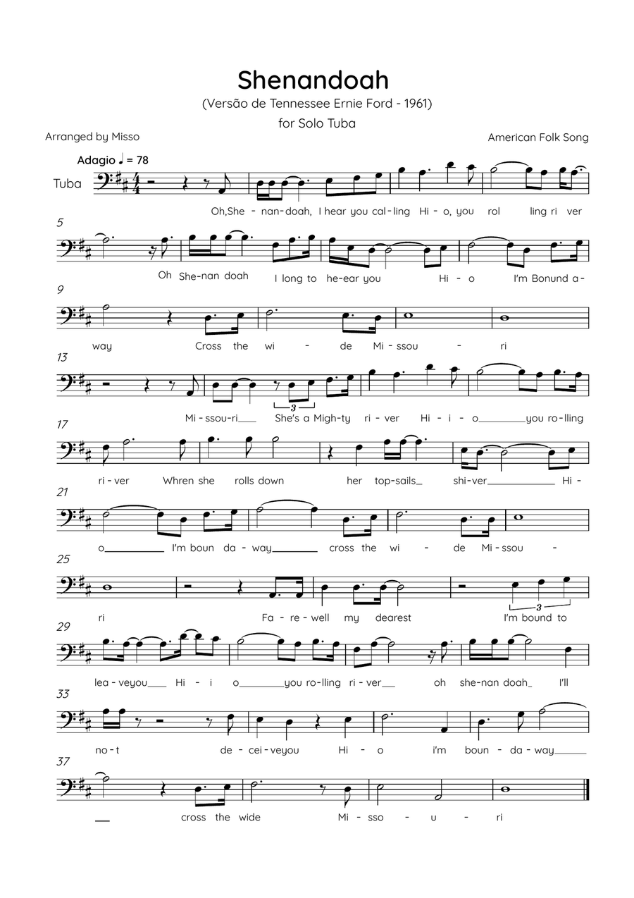 Shenandoah - Tuba in D Major - Lyrics (Inspired by Tennessee Ernie Ford’s 1961 recording) Tuba scores gallery preview page 1