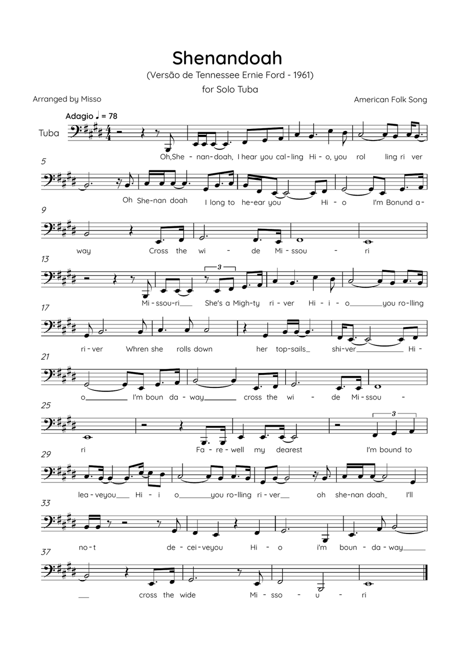 Shenandoah - Tuba in E Major - Lyrics (Inspired by Tennessee Ernie Ford’s 1961 recording) Tuba scores gallery preview page 1