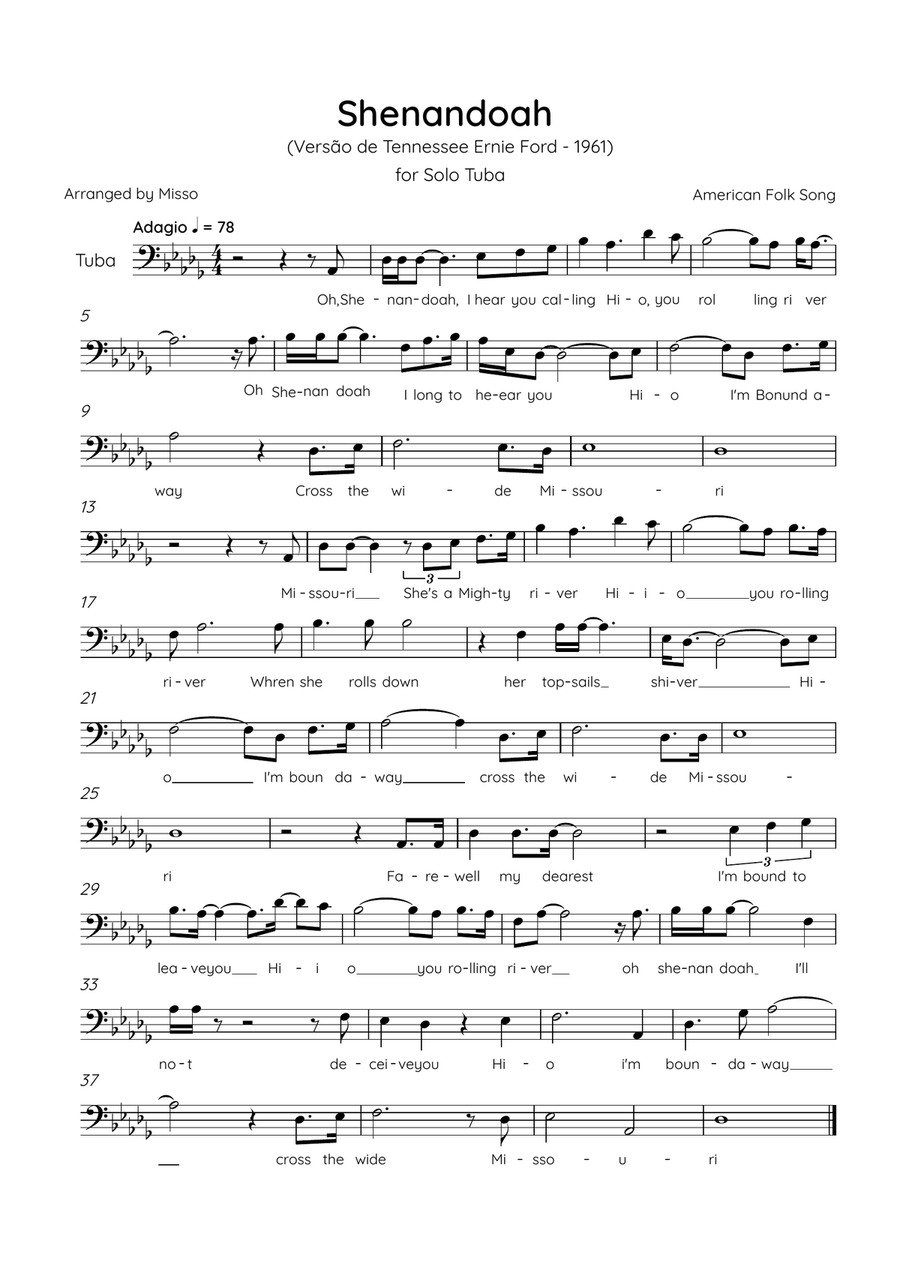 Shenandoah - Tuba in Db Major - Lyrics (Inspired by Tennessee Ernie Ford’s 1961 recording) Tuba scores gallery preview page 1