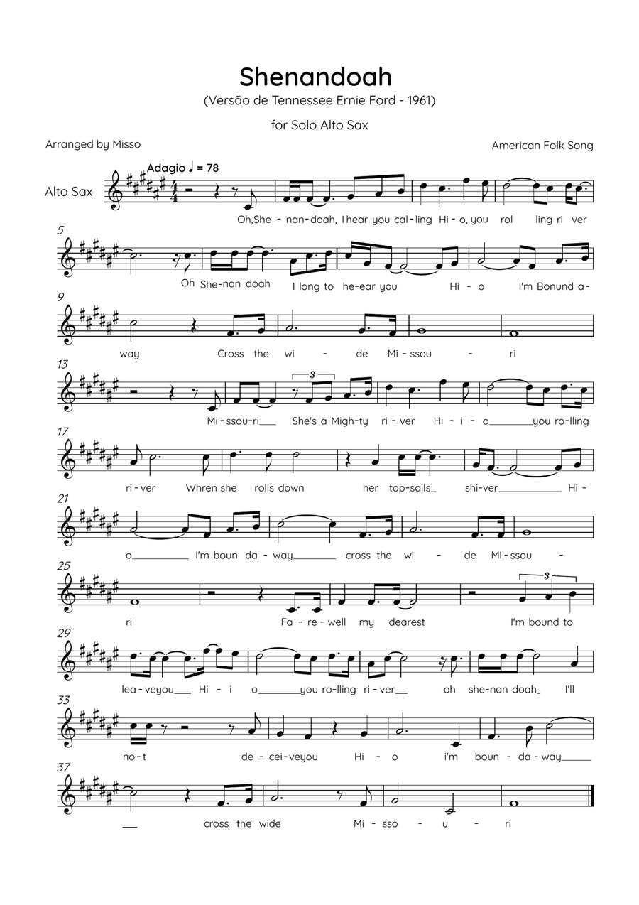 Shenandoah - Alto Sax in A Major - Lyrics (Inspired by Tennessee Ernie Ford’s 1961 recording) Alto Saxophone scores gallery preview page 1