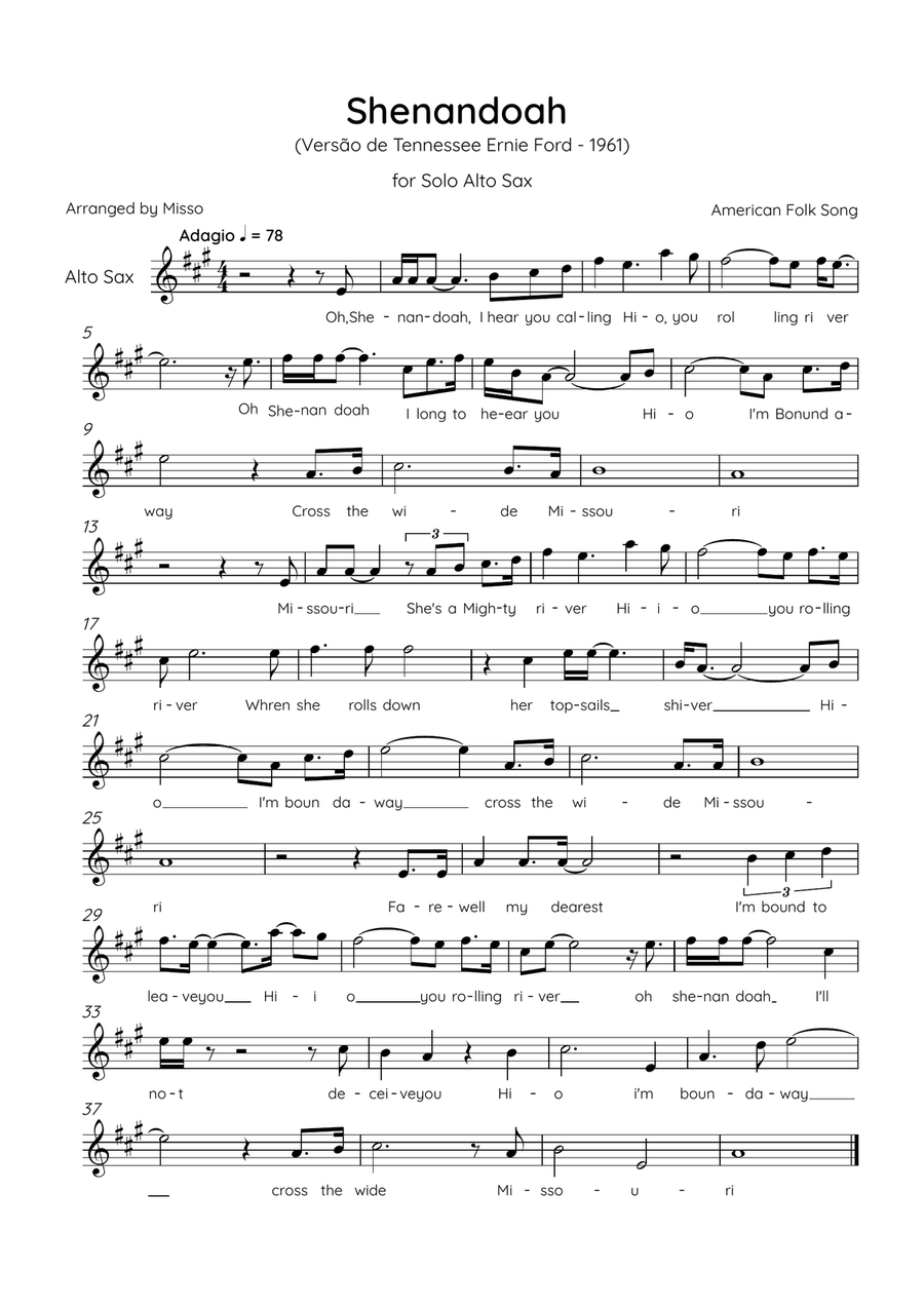 Shenandoah - Alto Sax in C Major - Lyrics (Inspired by Tennessee Ernie Ford’s 1961 recording) Alto Saxophone scores gallery preview page 1
