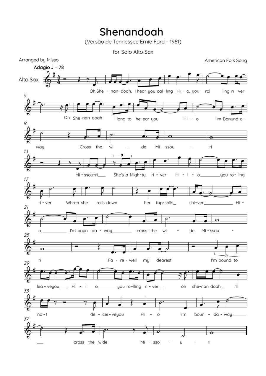Shenandoah - Alto Sax in Bb Major - Lyrics (Inspired by Tennessee Ernie Ford’s 1961 recording) Alto Saxophone scores gallery preview page 1